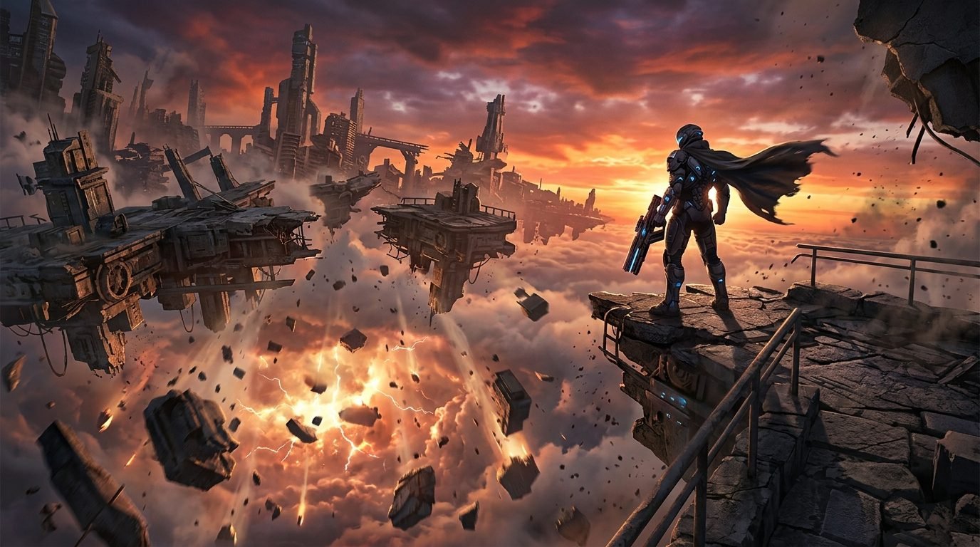 Epic post-apocalyptic sci-fi gaming concept art of an armored soldier standing on a cliff edge looking at collapsing floating city ruins in sunset sky