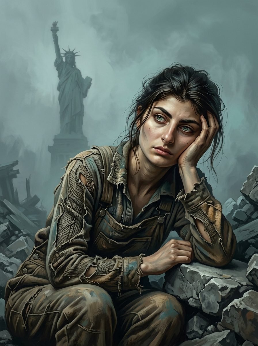 Conceptual post-apocalyptic digital art of a young woman in tattered clothes sitting amidst ruins with the Statue of Liberty in foggy background