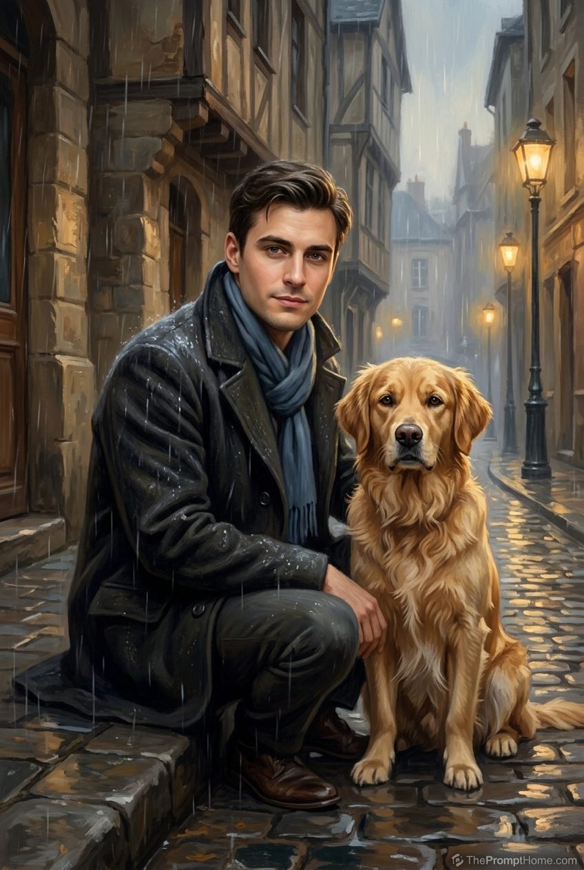 Oil painting of a man in a black coat and blue scarf kneeling next to a Golden Retriever on a rainy European cobblestone street