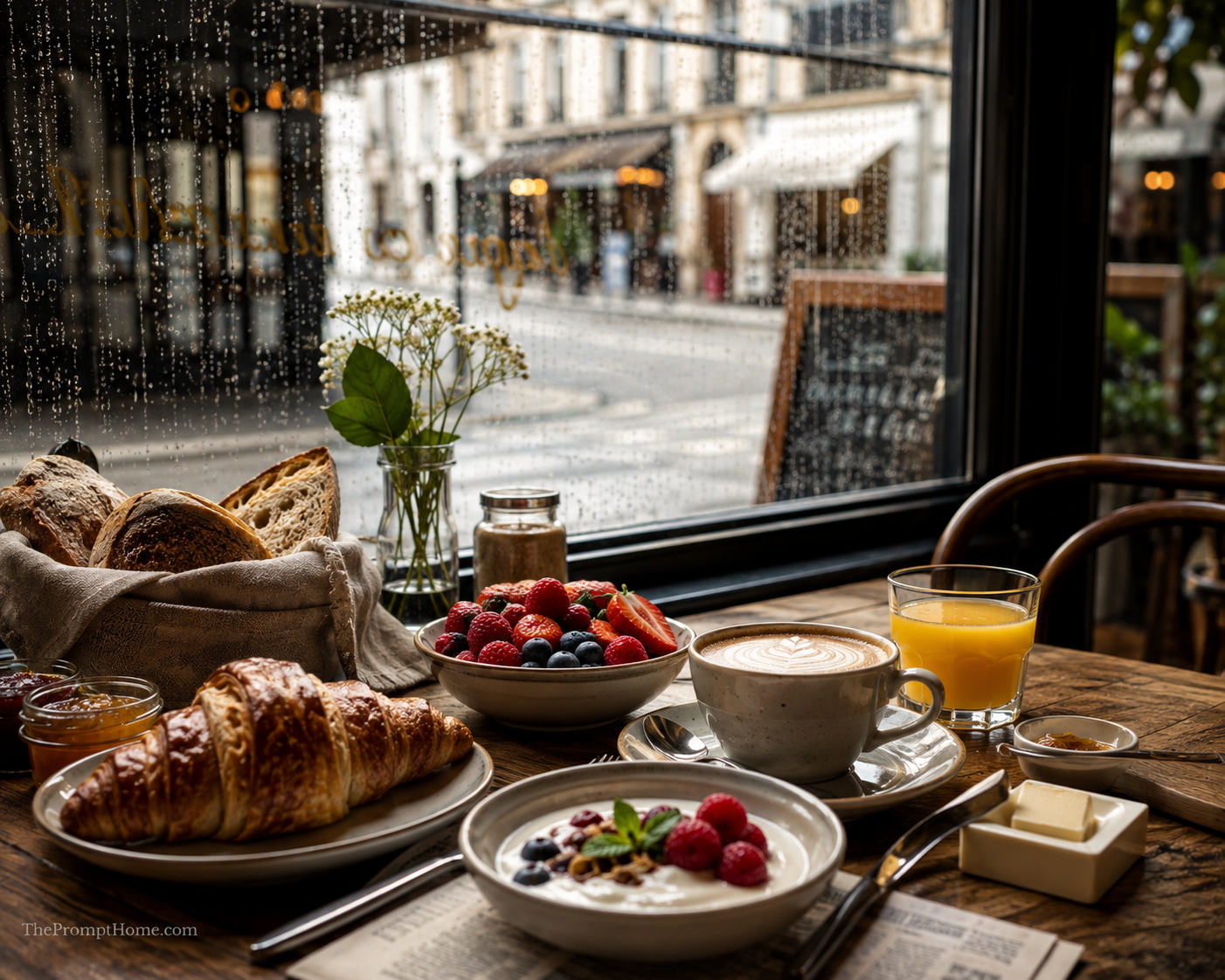 Photorealistic Parisian cafe breakfast spread with fresh croissant, latte, berries, and yogurt on a rainy morning looking out at European street view