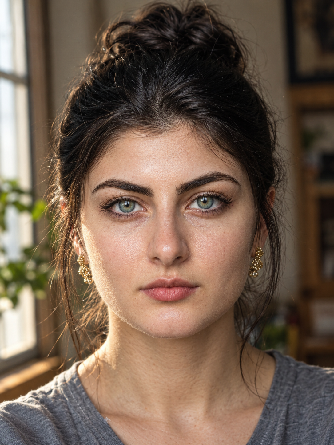 Ultra-photorealistic close-up portrait of a young woman with hazel eyes and dark hair in a bun near a sunny window