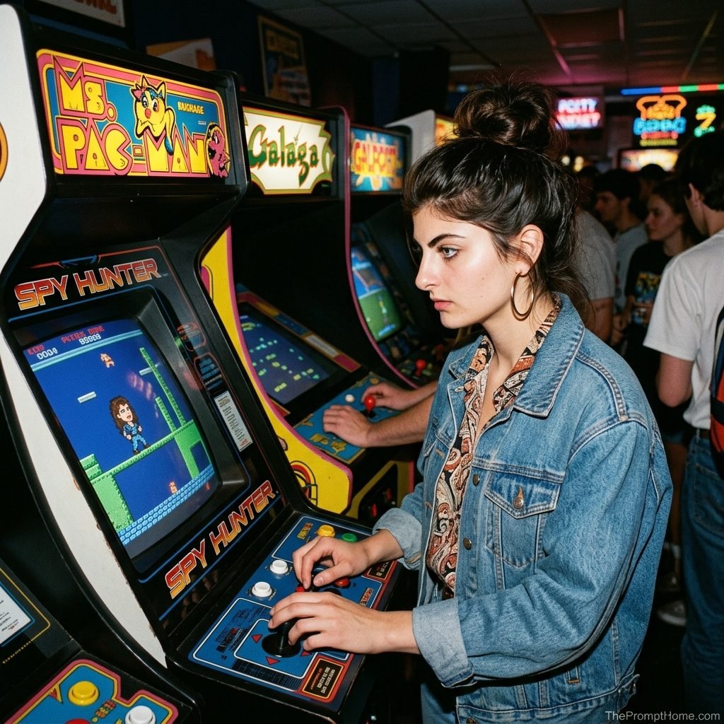 Photorealistic retro 1980s flash portrait of a young woman in a denim jacket playing a vintage arcade cabinet game in a neon gaming room