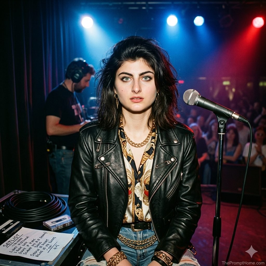 Photorealistic 1990s rock concert flash portrait of a female singer in a leather jacket on stage with microphone and stage lights