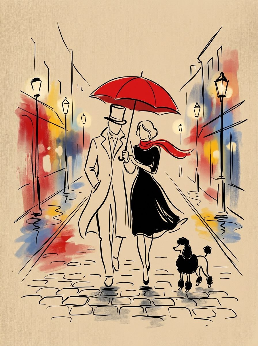 Minimalist watercolor line art of a couple walking under a red umbrella with a black poodle on a rainy Paris cobblestone street
