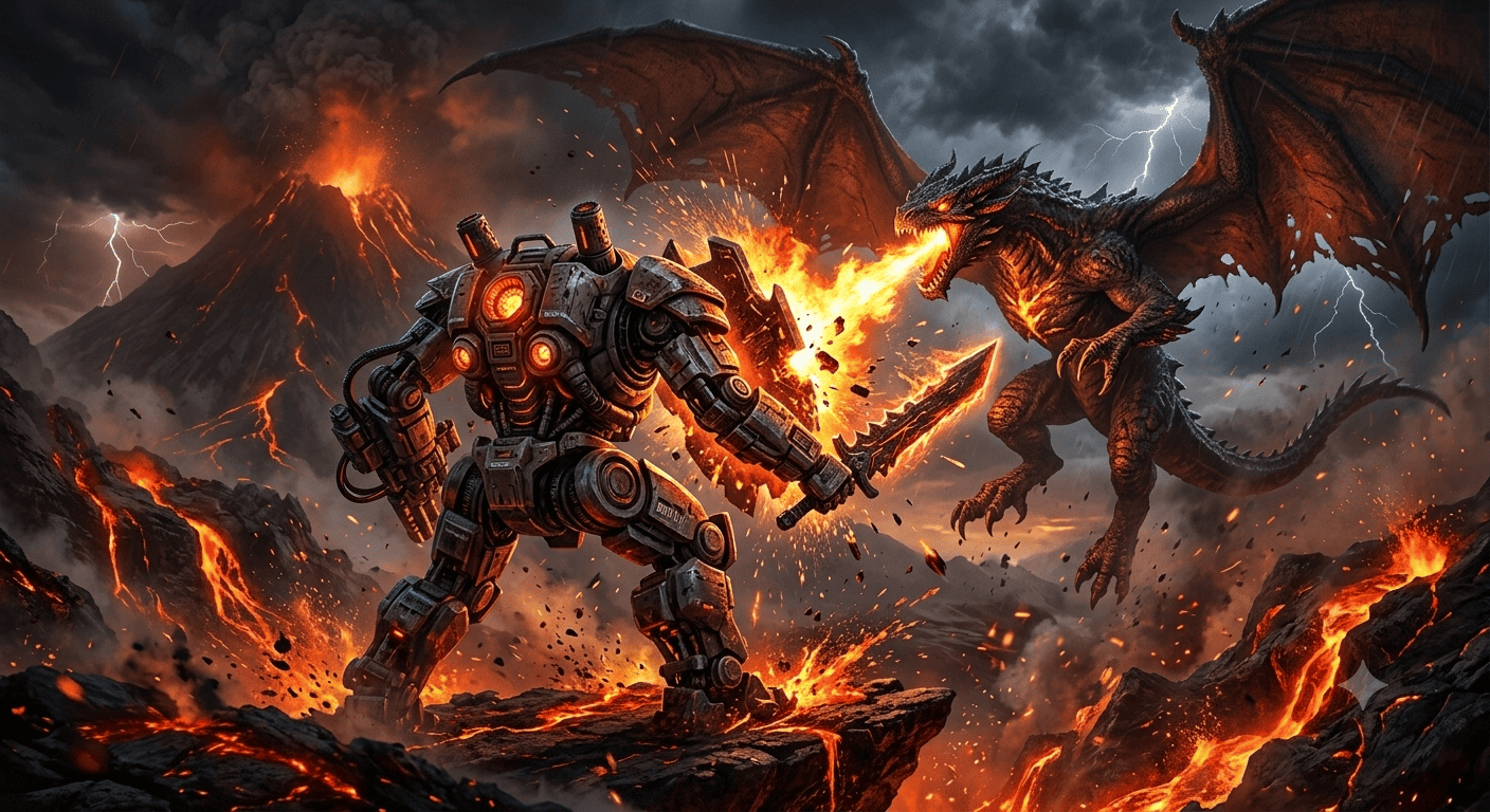 Epic concept art of a futuristic mech robot with a fiery sword fighting a fire-breathing dragon near an erupting volcano