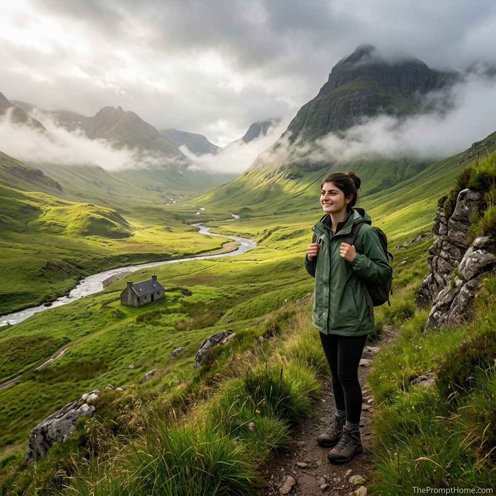 Photorealistic travel portrait of a woman hiking in a green rain jacket overlooking a misty Scottish Highlands valley with a winding river and stone cottage