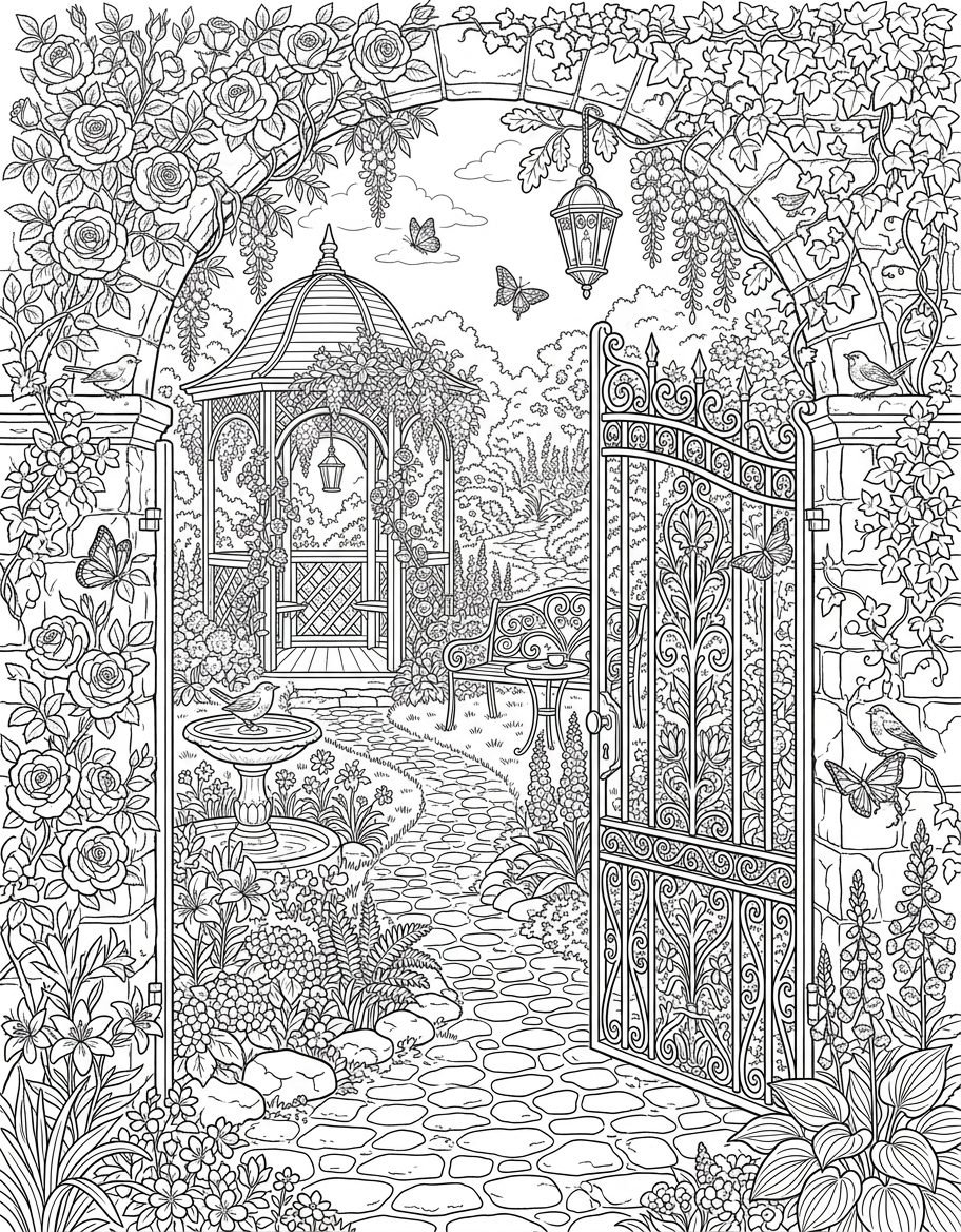 Black and white adult coloring page line art of a secret garden with an open iron gate, stone arch with roses, gazebo, and stone path
