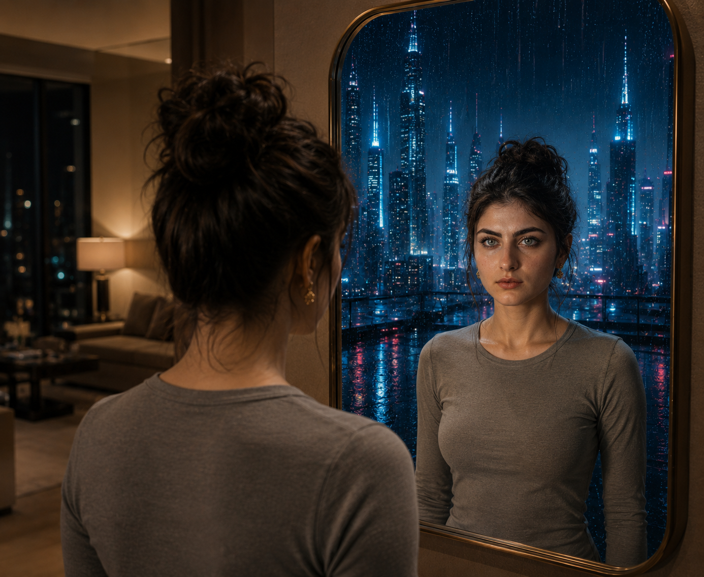 Surreal sci-fi concept photo of a woman standing in a room looking into a wall mirror that reflects a rainy futuristic neon city instead of her room