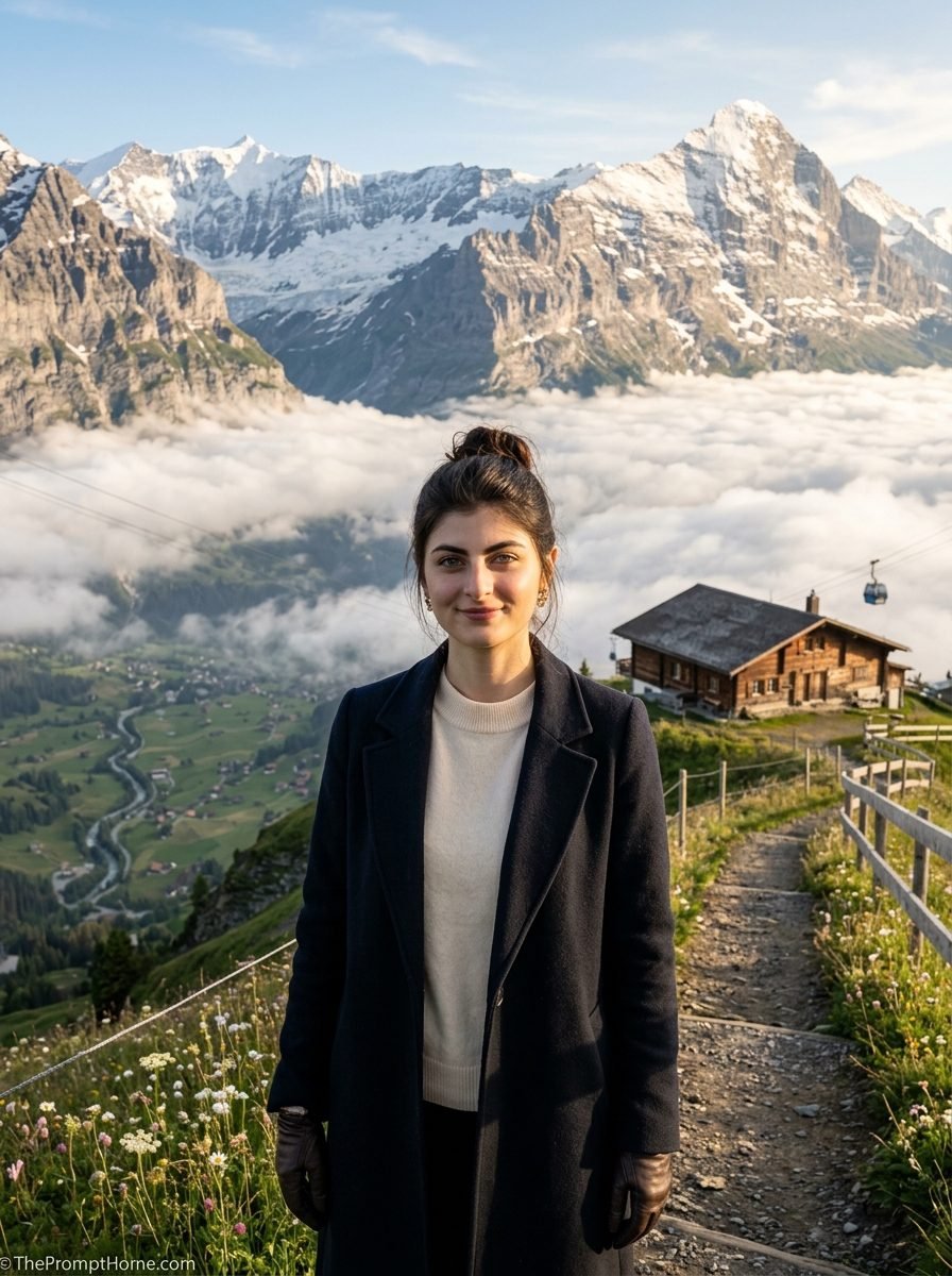 Photorealistic travel portrait of a woman in a navy overcoat standing on a Swiss Alps mountain trail with a cloud inversion valley and snow peaks background