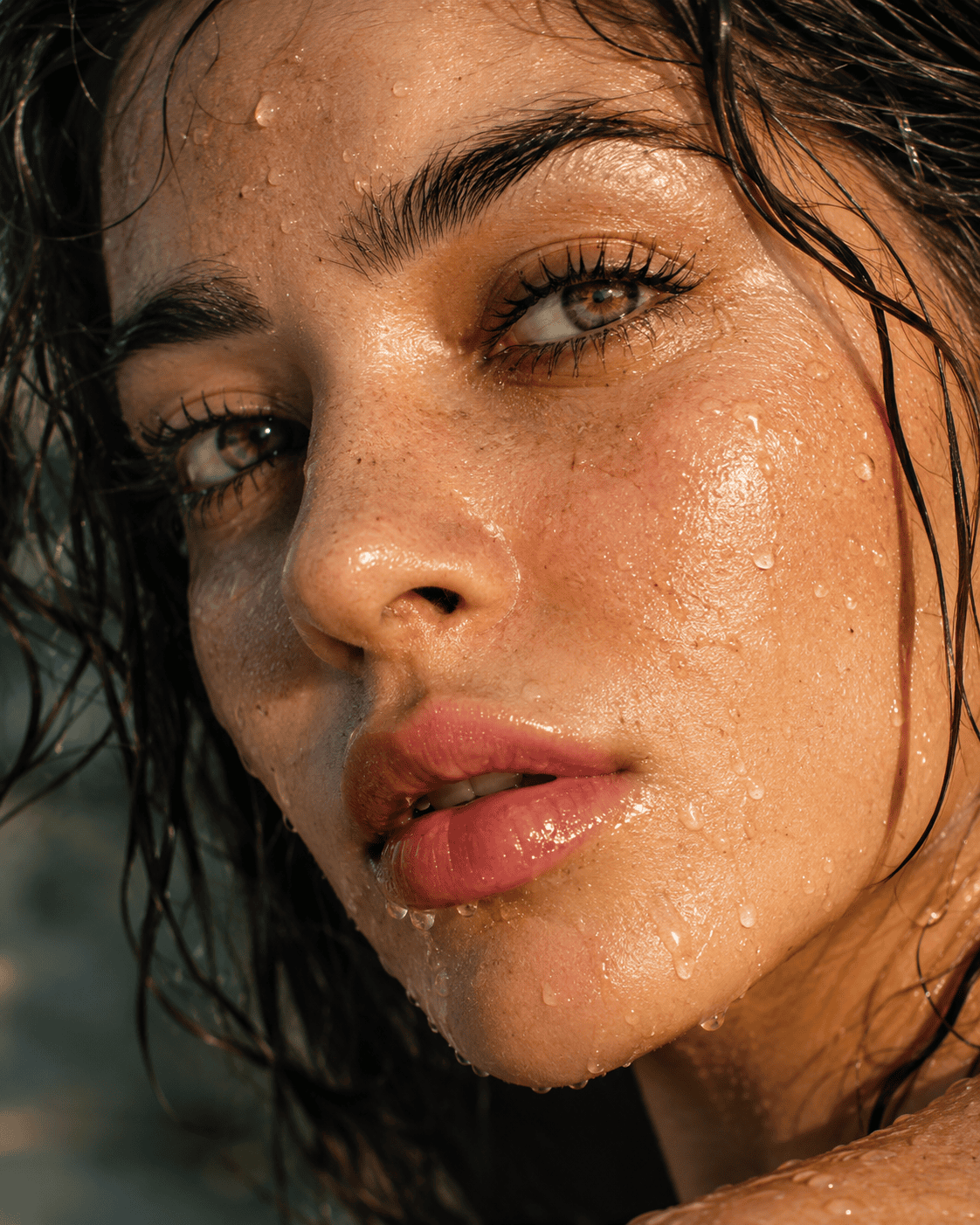 Extreme macro beauty portrait of a woman with wet skin, water droplets, hazel eyes, and golden hour light