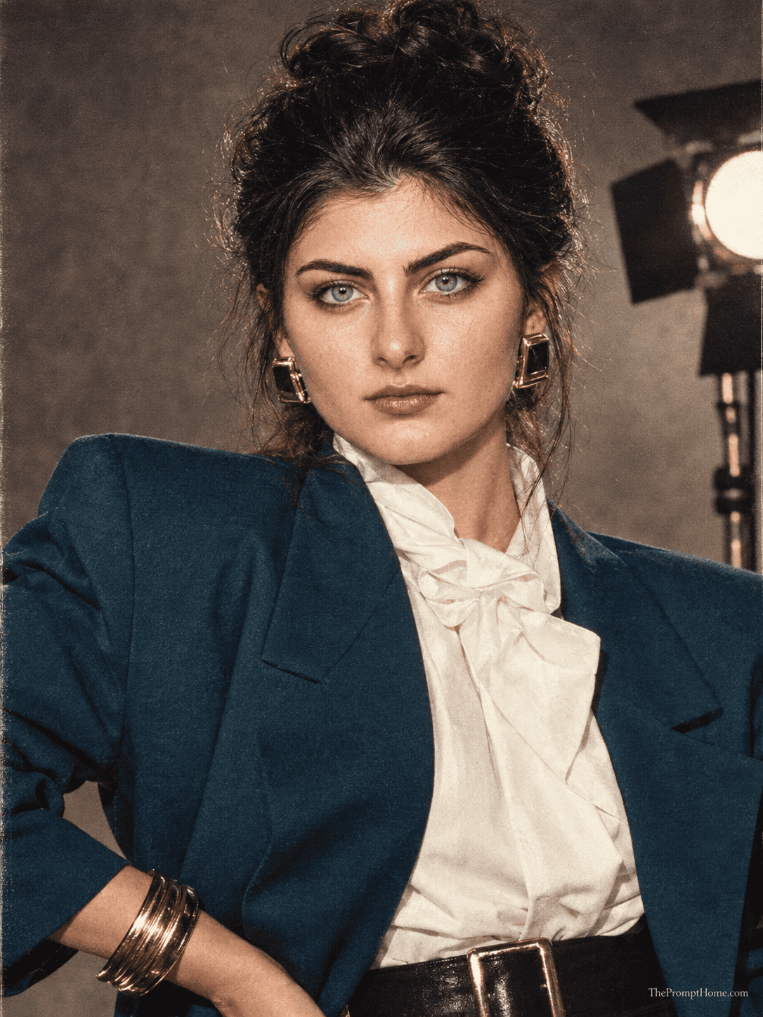 Photorealistic vintage 1980s fashion portrait of a woman in a teal oversized blazer, gold earrings, and ruffled blouse in a studio setup