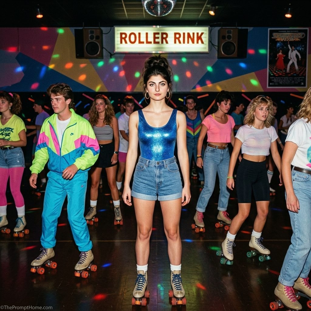 Photorealistic 1980s retro portrait of a woman in a metallic blue tank top and denim shorts on quad roller skates inside a glowing roller rink