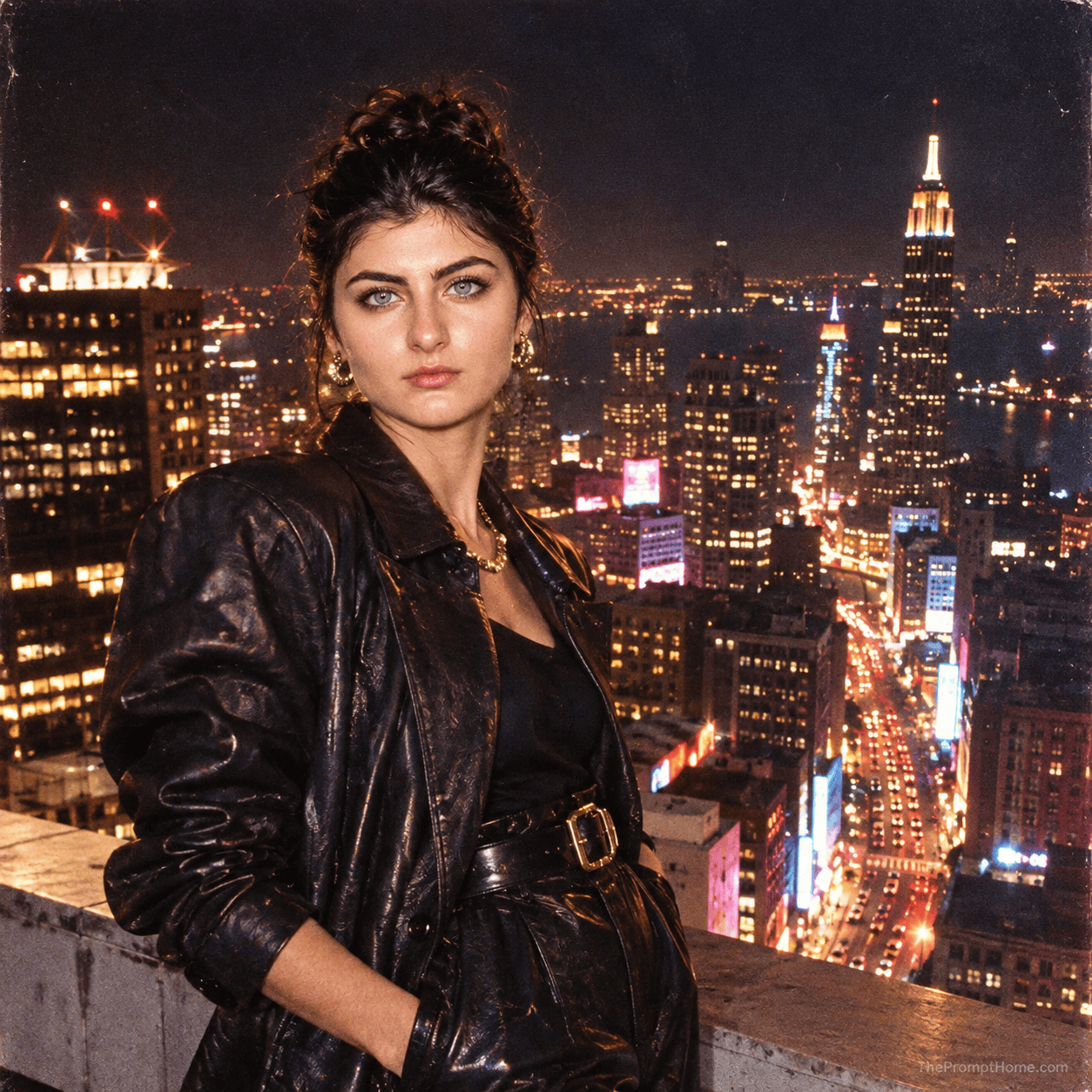 Photorealistic 1980s retro fashion portrait of a woman in an oversized leather coat on a rooftop with New York city skyline lights at night