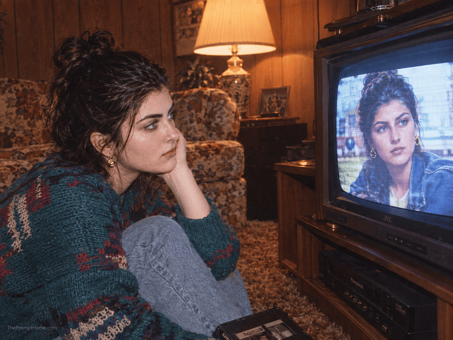 Photorealistic vintage 1990s image of a woman in a knit sweater sitting on the floor watching herself on a CRT television in a retro living room