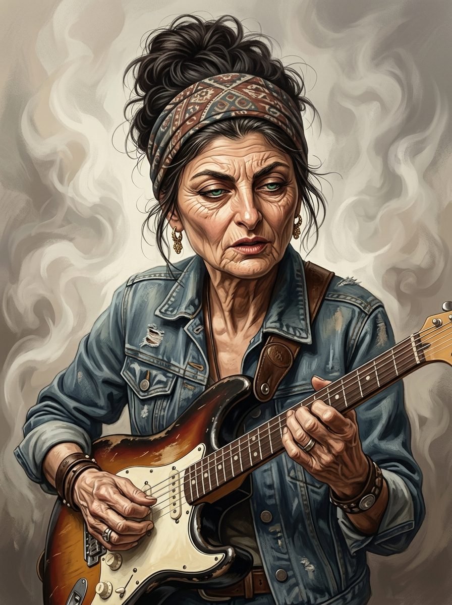 Vintage classic rock artwork of an elderly female guitarist in a patched denim jacket playing an electric guitar