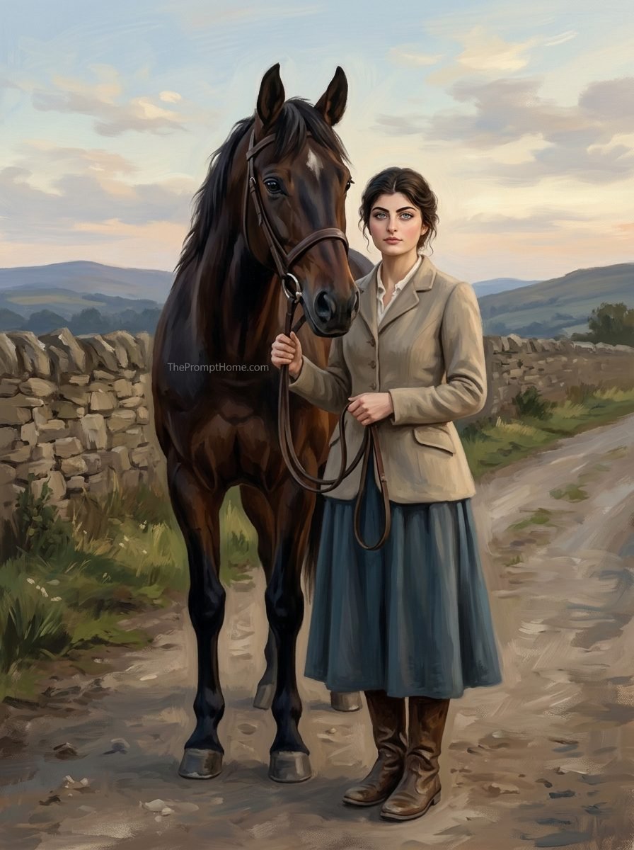 Oil painting of a woman in a tweed blazer and blue skirt standing next to a dark bay horse on a countryside path