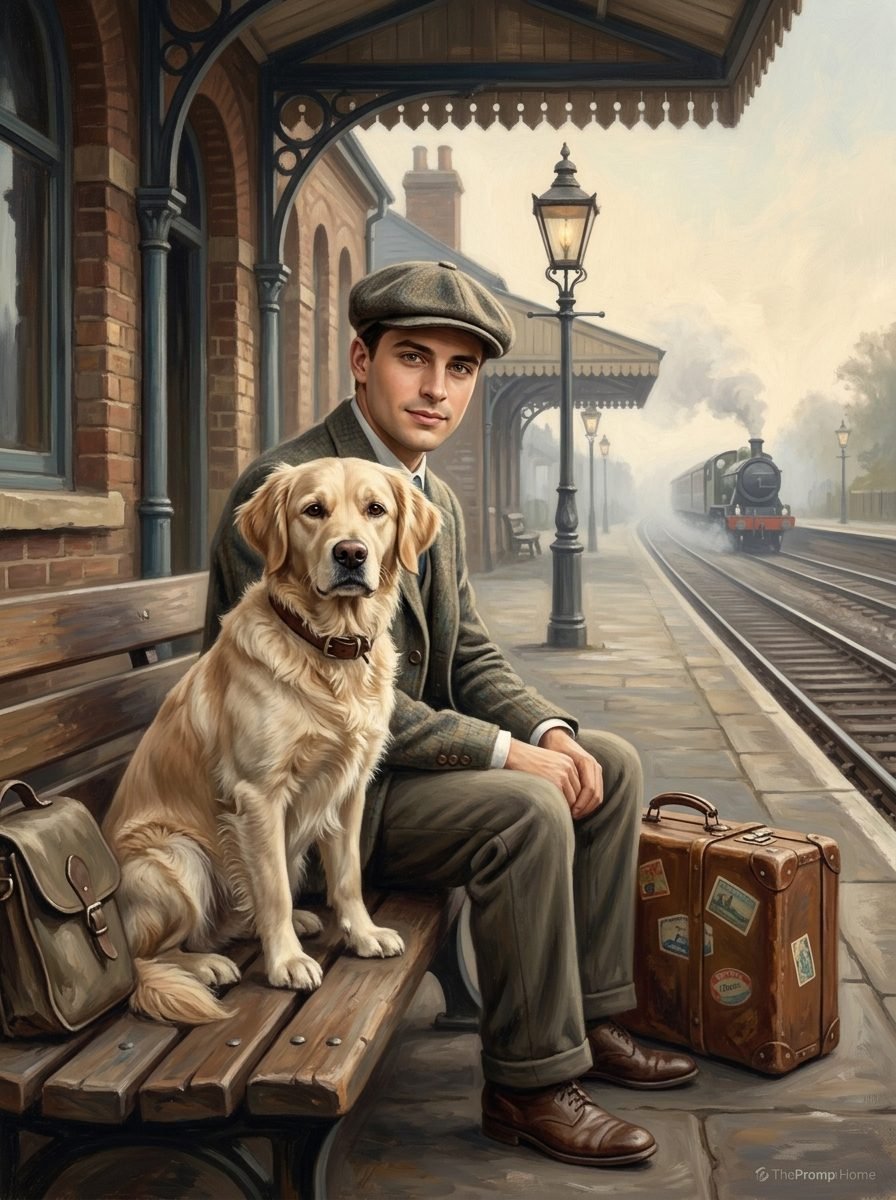 Oil painting of a young gentleman in a tweed flat cap sitting on a railway station bench with a Golden Retriever and vintage suitcase