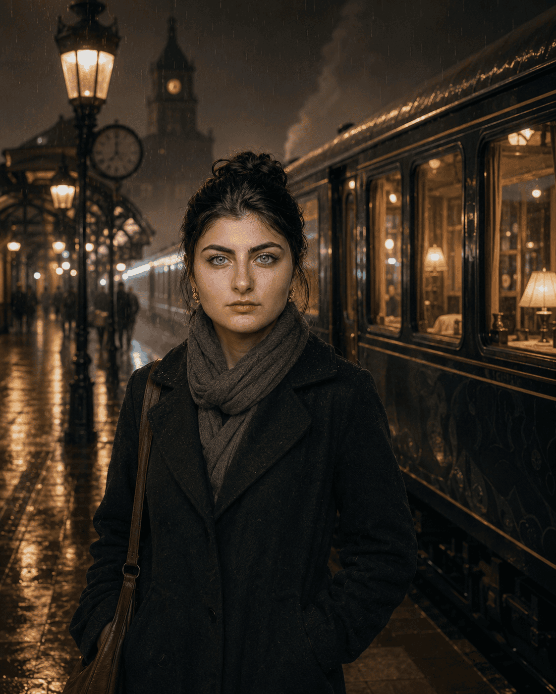 Photorealistic cinematic portrait of a woman in a dark coat and scarf standing on a rainy vintage train station platform at night