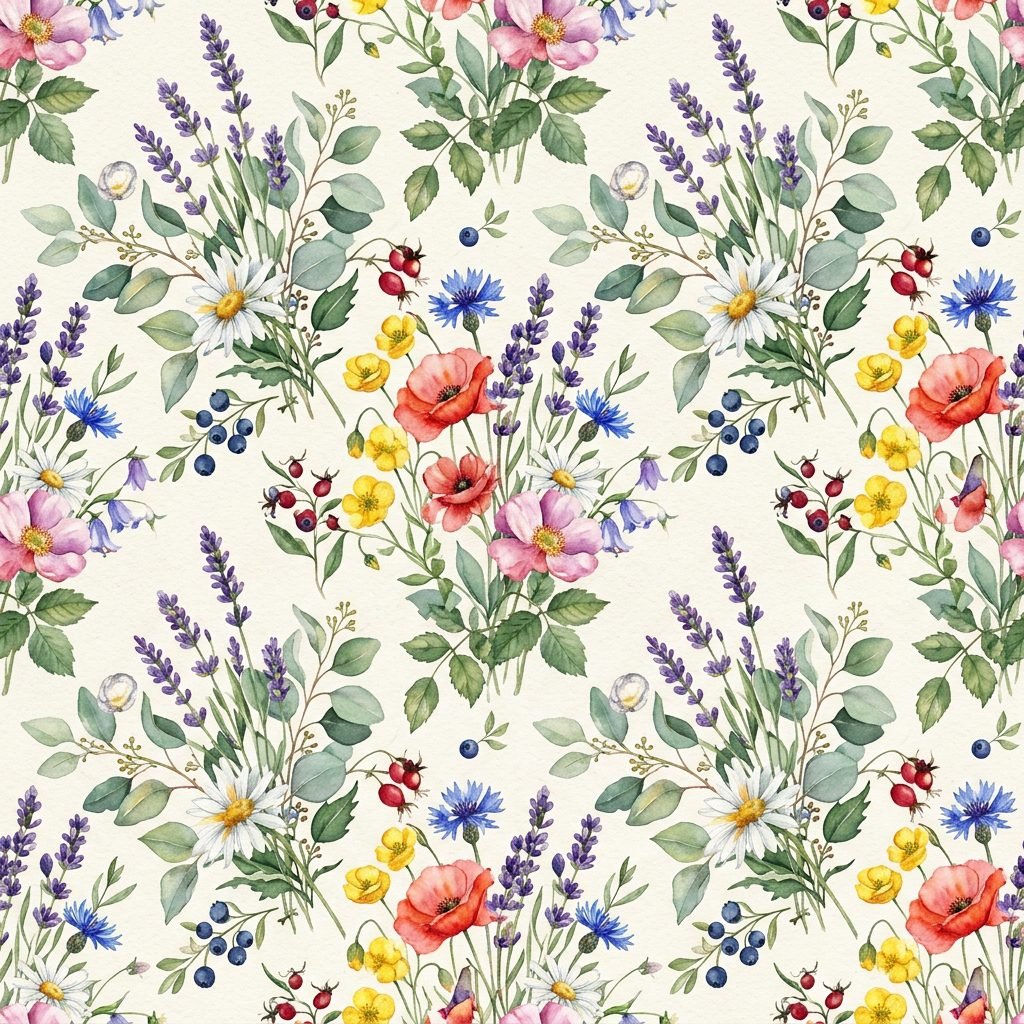Seamless watercolor botanical pattern with lavender, daisies, poppies, and green leaves on cream background