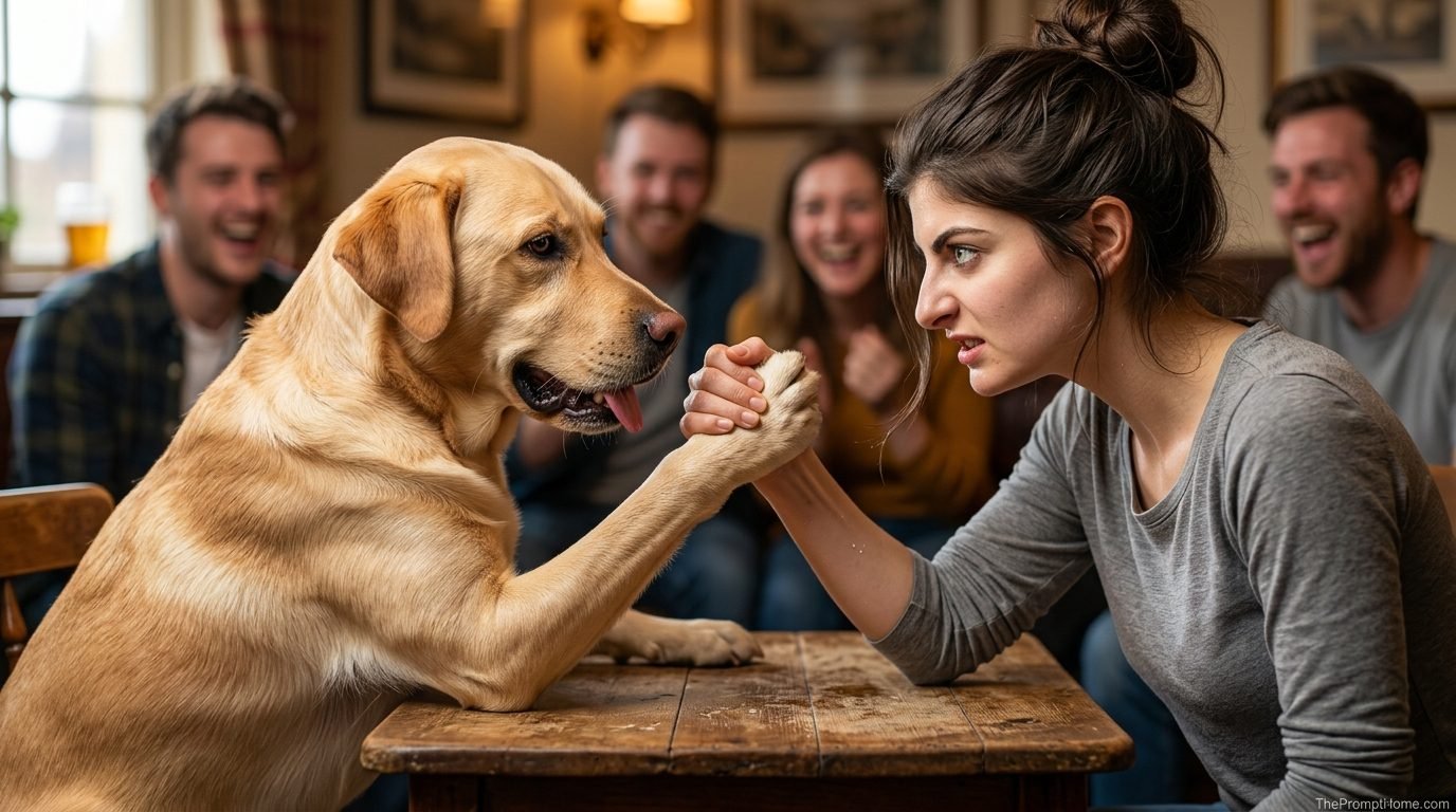 Photorealistic humorous image of a woman arm-wrestling a golden retriever dog on a wooden table in a pub with friends cheering in the background