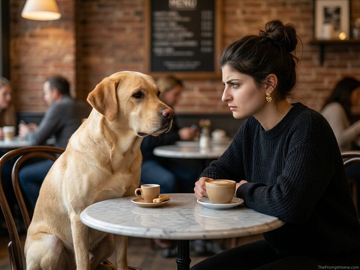 Photorealistic humorous image of a woman sitting at a cafe table having a serious staring contest with a golden retriever dog drinking espresso