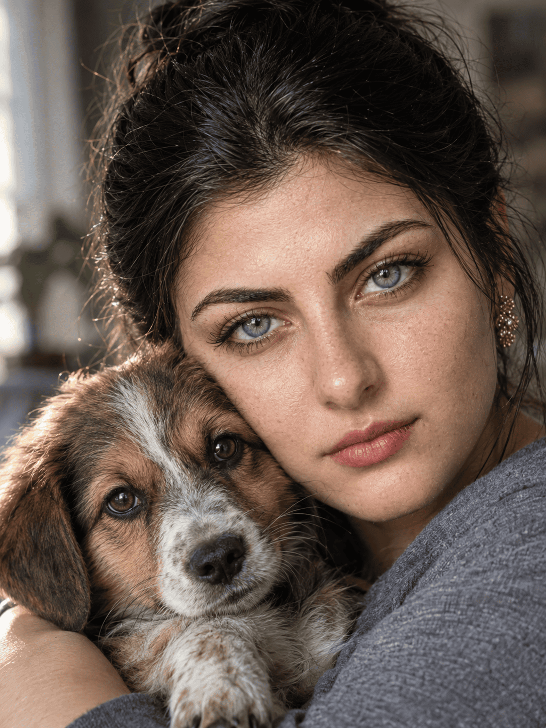 Ultra-photorealistic portrait of a young woman with hazel eyes holding a brown and white puppy close to her face