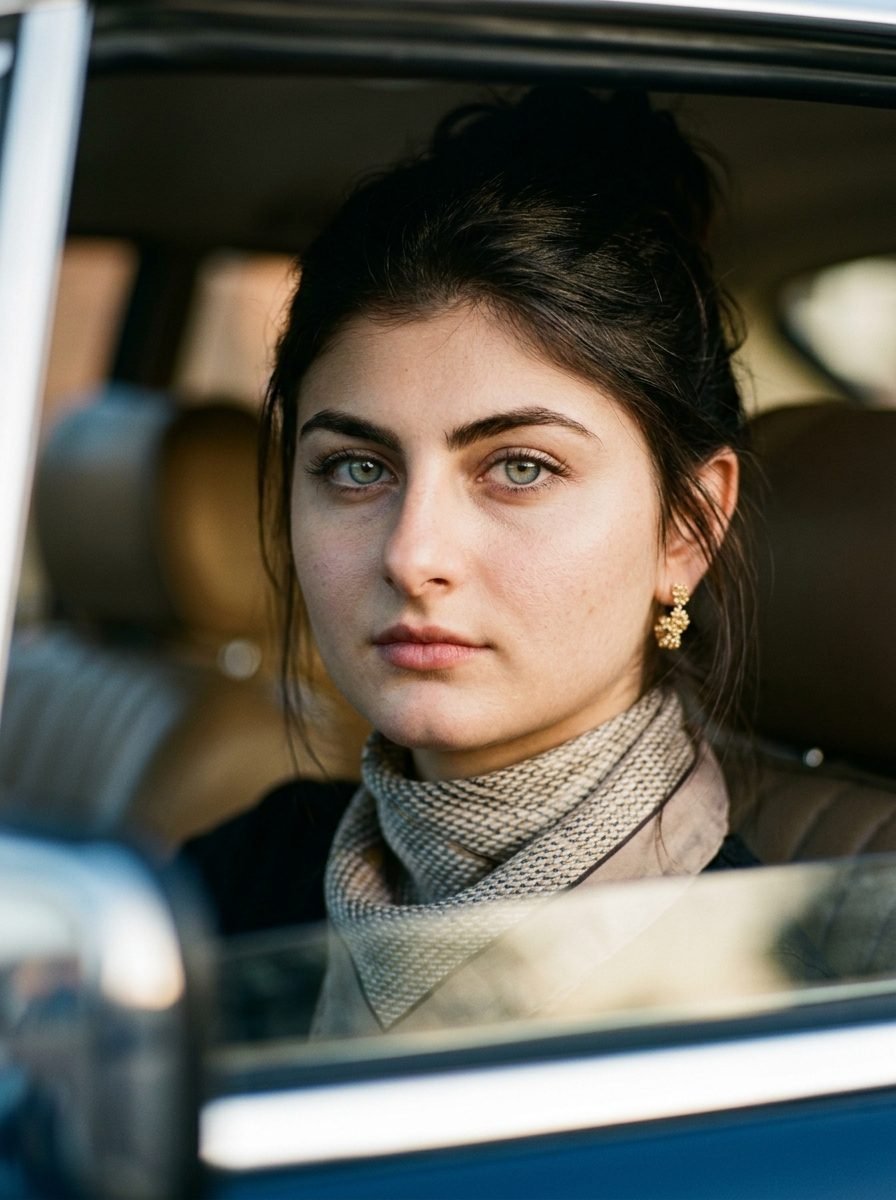 Ultra-photorealistic portrait of a young woman with hazel eyes sitting inside a classic car looking through the window