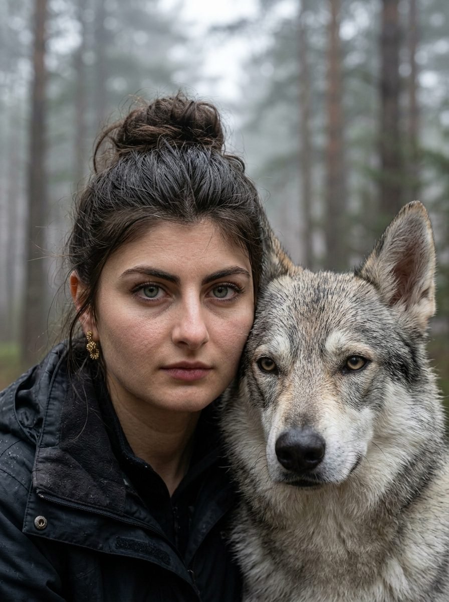 Photorealistic close-up portrait of a young woman with hazel eyes standing side by side with a grey wolfdog in a foggy forest