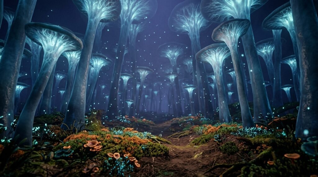 A lush alien forest with tall translucent glowing fungal trees in an indigo atmosphere.