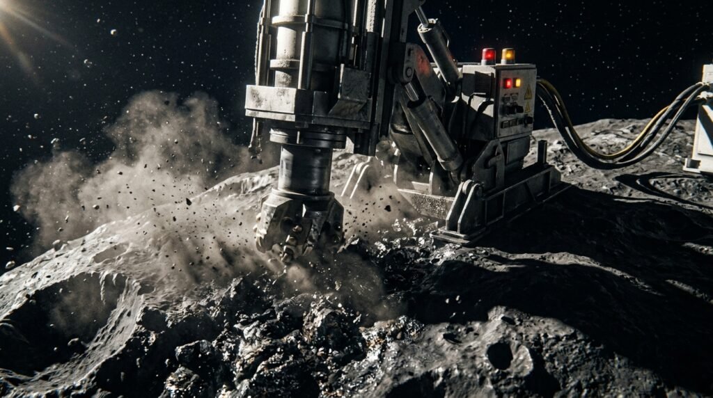 A heavy mining rig drilling into a pockmarked asteroid in deep space.