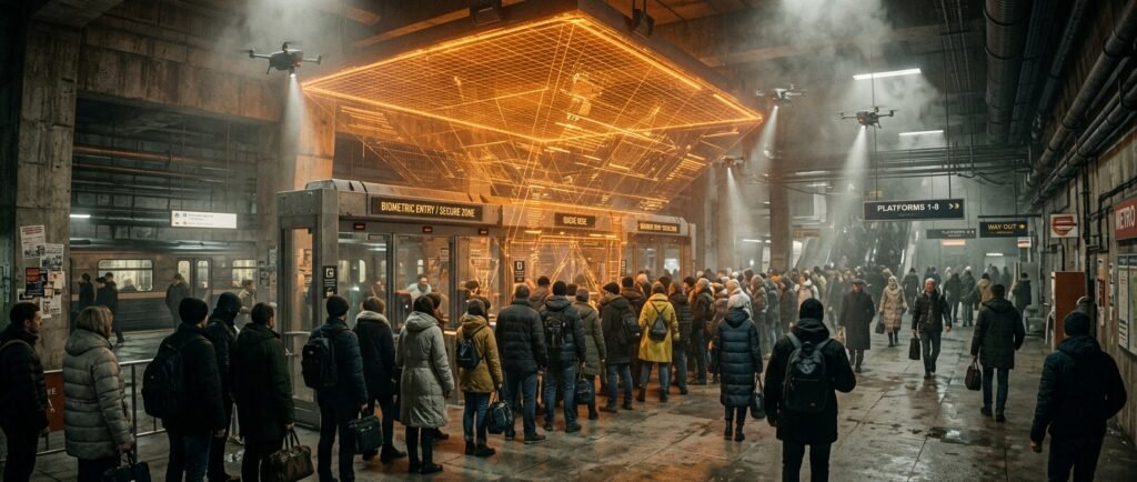 Commuters lining up under an orange holographic biometric scanner grid in a transit station.