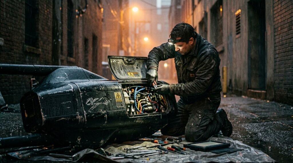 A street technician repairing a heavy utility drone in a rain-slick alleyway.