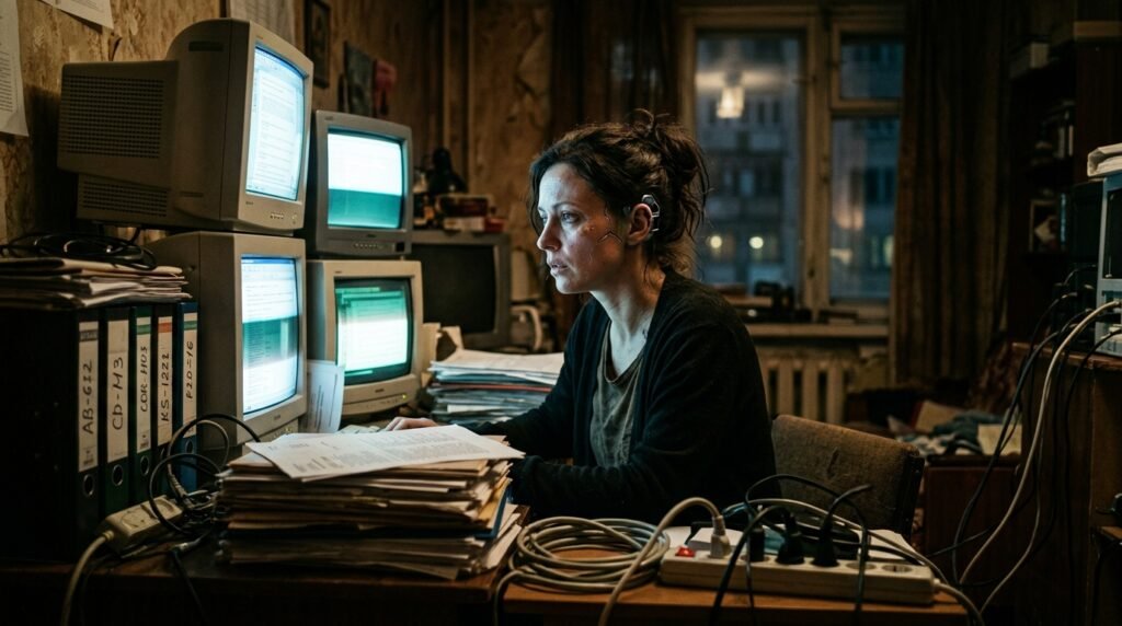A municipal data auditor sitting in a cramped room illuminated by blue CRT monitor glow. for sci-fi and cyberpunk AI prompts
