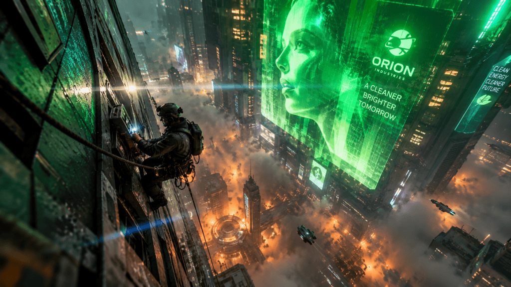 A technician hanging from a massive high-rise megastructure above a glowing smog layer.