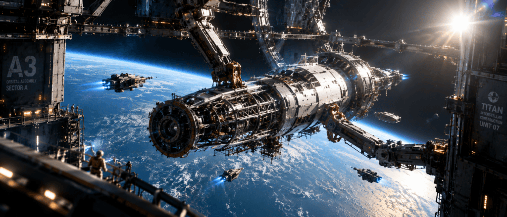 An orbital shipyard assembling an interstellar vessel above a blue planet.