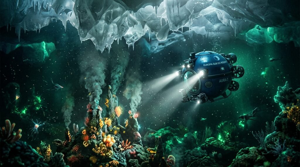 A spherical submarine exploring hydrothermal vents under an alien ice sheet.