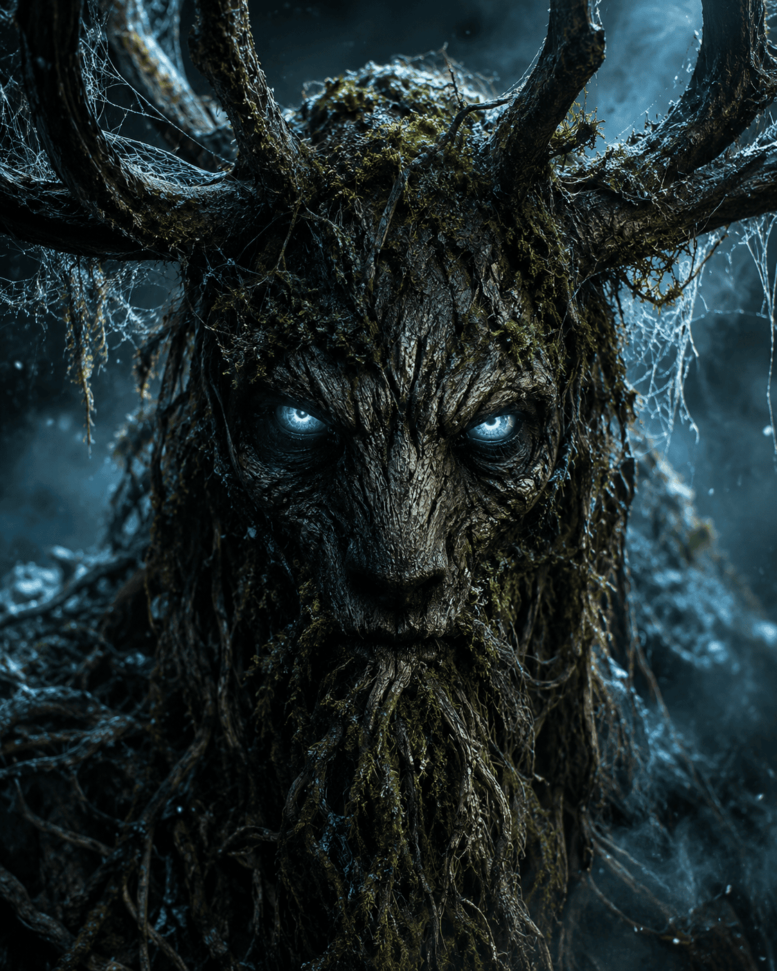 Dark fantasy portrait of an ancient forest spirit with glowing blue eyes, tree bark face, and wooden antlers draped in moss and cobwebs