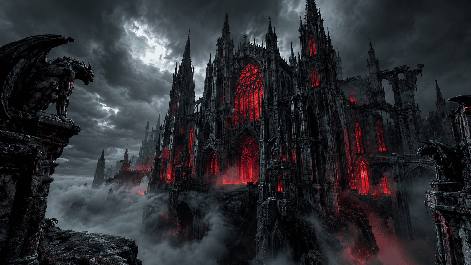 Dark gothic cathedral floating in stormy clouds with red glowing windows and lightning strikes