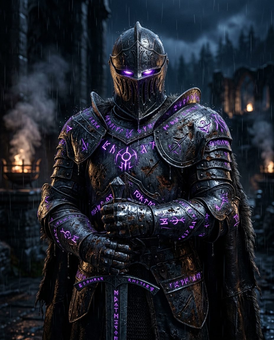Dark fantasy knight in black plate armor with glowing purple runes and purple glowing eyes in a rainy medieval courtyard