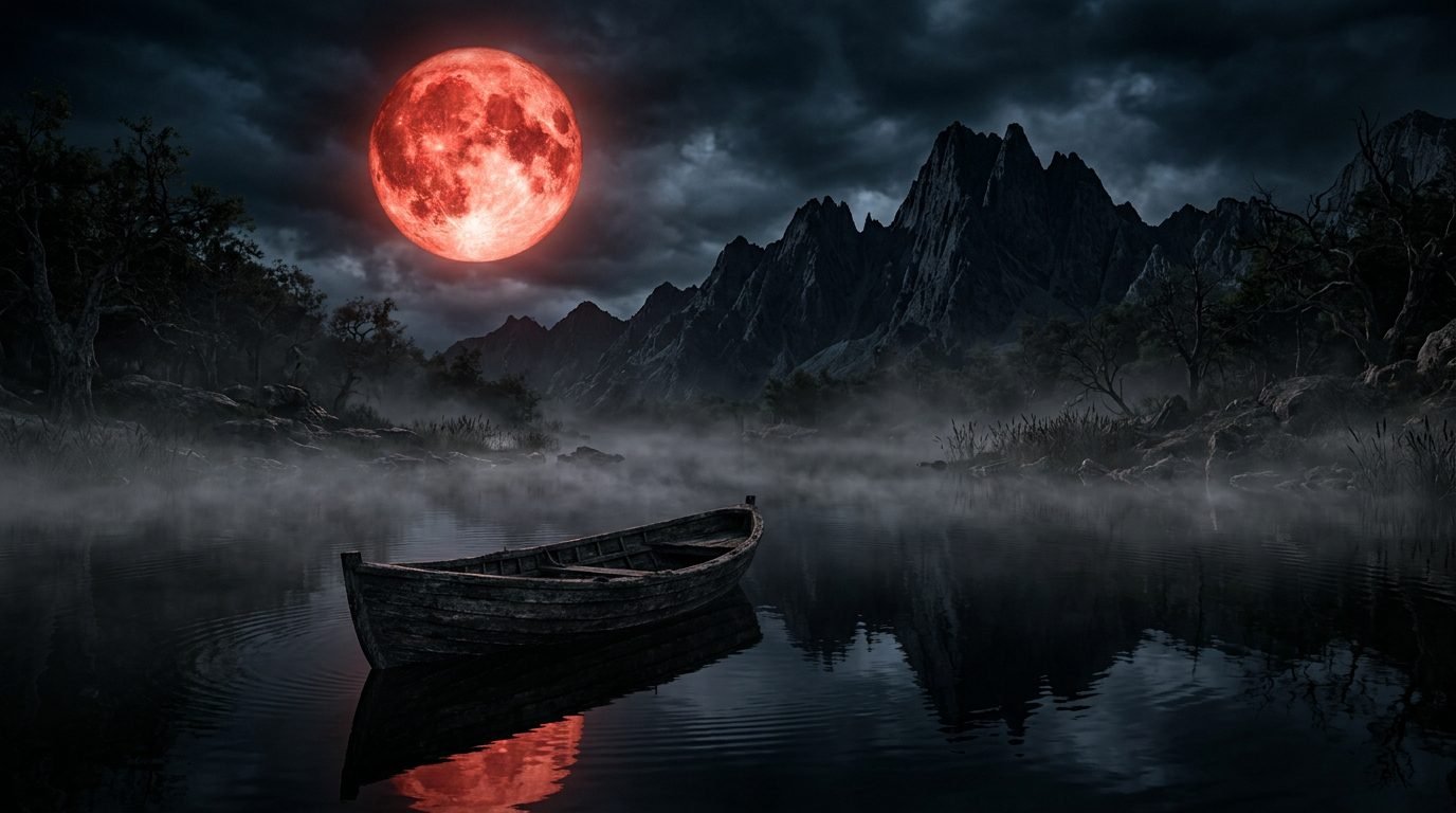 Dark fantasy landscape of a giant red blood moon above a misty lake with an empty wooden boat and dark mountain peaks