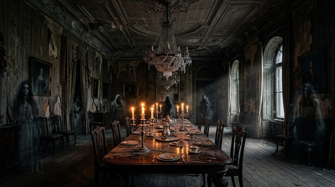 Haunted abandoned Victorian dining room with dark ghostly figures, glowing candelabras, dusty crystal chandelier, and peeling wallpaper
